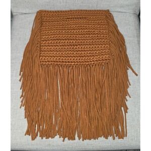 BINGE Knitted Fringe Clutch Bag Rust Brown Boho Crochet Handbag Handle Bag